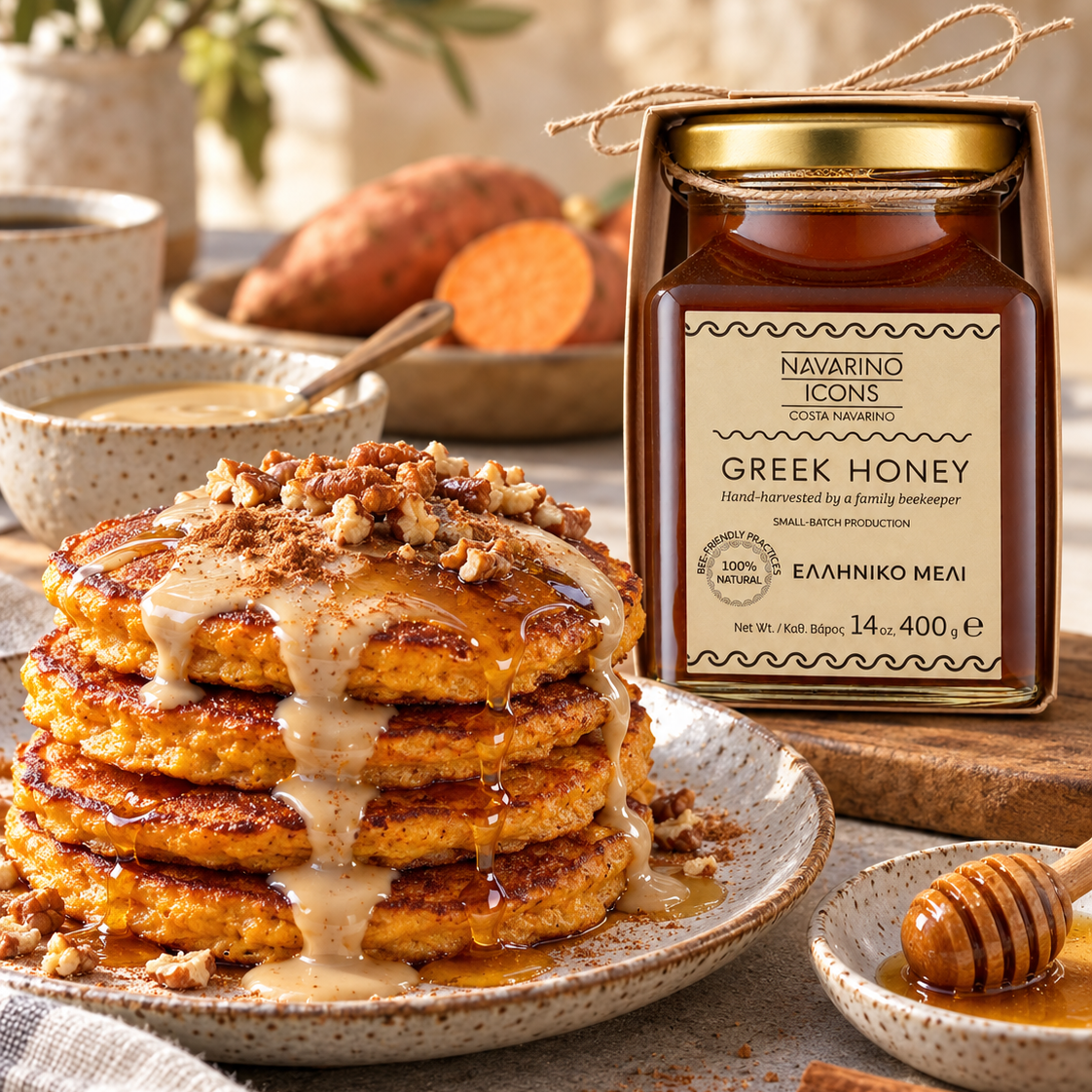 Sweet Potato Pancakes with Tahini, Honey & Cinnamon